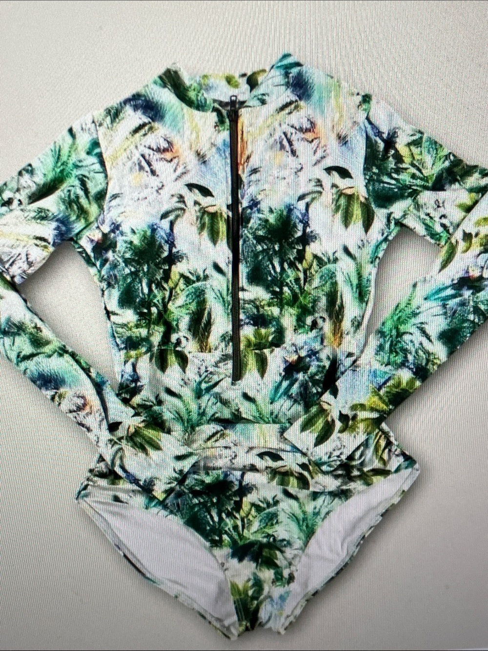 Tropical Zip-Front Long-Sleeve One-Piece Swimsuit - Green Print